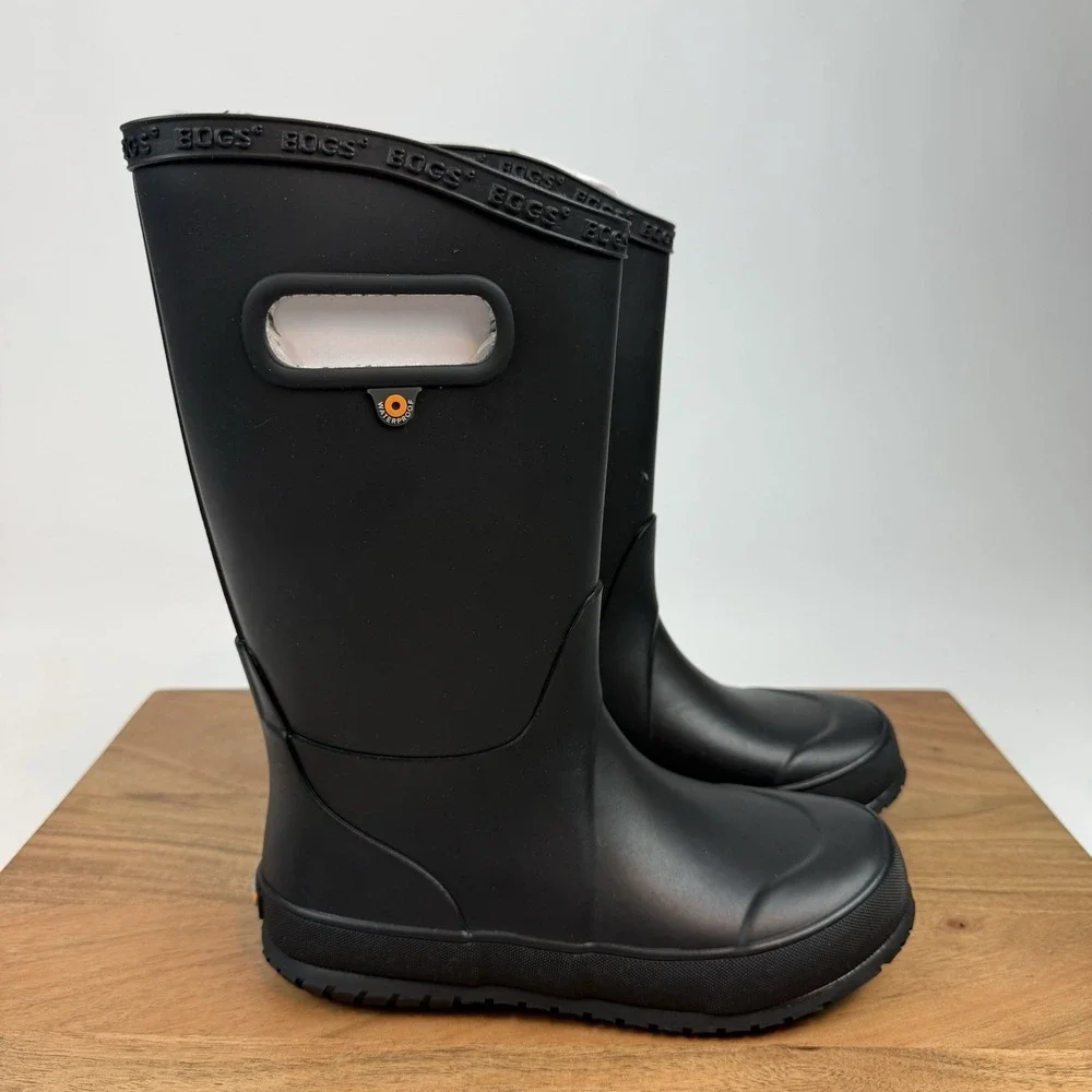 New NIB Big‎ Kids Childrens Bogs Rainboot Plush Black Waterproof Boots Size 2 Y